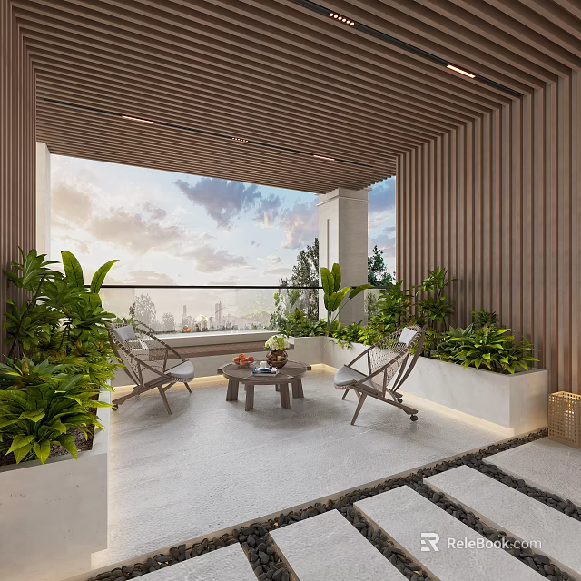 Cozy Home Balcony with Wooden Slats Green Plants Leisure Chairs and City Sky View 3d model 