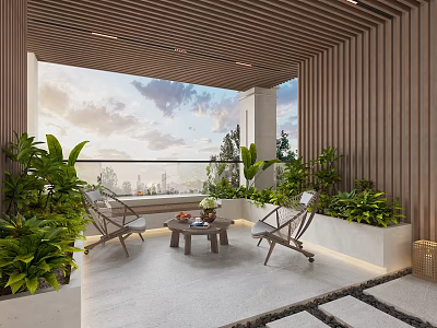 Cozy Home Balcony with Wooden Slats Green Plants Leisure Chairs and City Sky View 3d model
