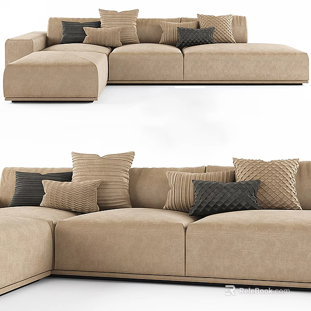 Modern Beige Sectional Sofa With Soft Fabric Upholstery And Various Textured Pillows 3d model 
