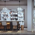 Modern Bar Interior Design With Counter Stools Chandeliers And Shelves Of Bottles