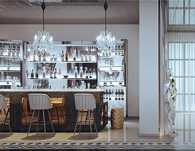 Modern Bar Interior Design With Counter Stools Chandeliers And Shelves Of Bottles 3d model