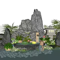 Tranquil Garden Ornament with Rockery Water Feature Stone Lantern Green Plants and Pebbles