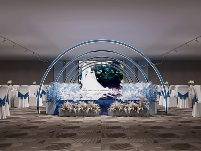 Banquet Hall Wedding Setup With Arched Blue And White Decor Chair Bows And Floral Arrangements 3d model