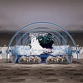 Banquet Hall Wedding Setup With Arched Blue And White Decor Chair Bows And Floral Arrangements