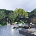 Tranquil Garden Landscape With Lush Green Trees Paved Courtyard Water Feature And Lounge Seating
