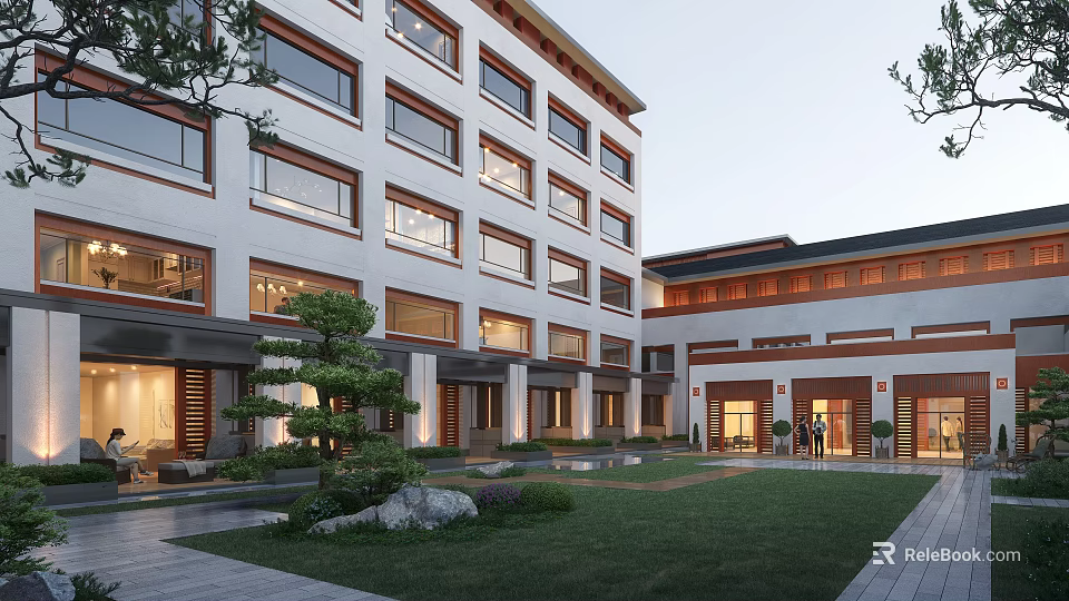 Modern Chinese Style Hotel Building with Courtyard Garden Green Plants and Wooden Decorations 3d model 