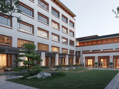 Modern Chinese Style Hotel Building with Courtyard Garden Green Plants and Wooden Decorations 3d model