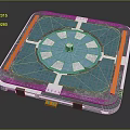 Panel Structure With Blue Grid Surface Circular Center Small Tower White Squares And Orange Edges 3d model