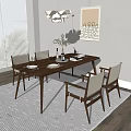 Modern Wooden Dining Table Set with Fabric Chairs Tableware Vase Pendant Light and Wall Art