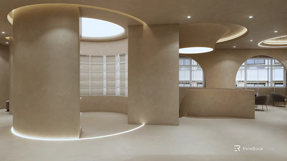 Modern Beauty Salon Interior With Curved Walls Ceilings Circular Skylights White Shutters And Beige Tones 3d model 