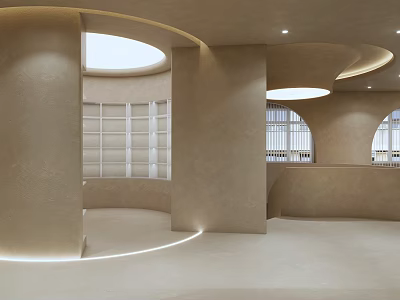 Modern Beauty Salon Interior With Curved Walls Ceilings Circular Skylights White Shutters And Beige Tones 3d model