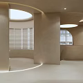 Modern Beauty Salon Interior With Curved Walls Ceilings Circular Skylights White Shutters And Beige Tones