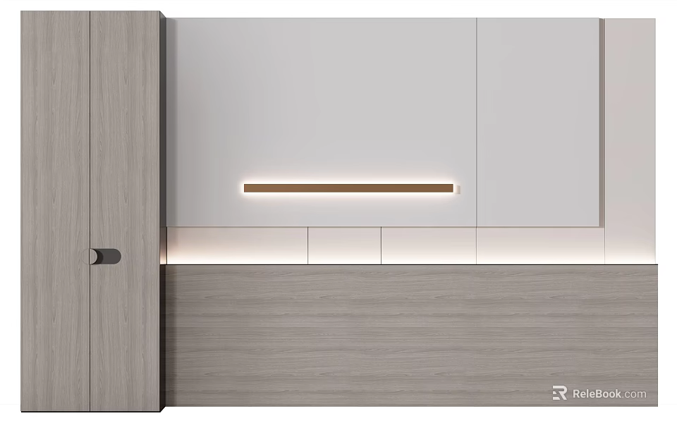 Modern Bed Accent Wall With Integrated Light And Wood Details 3d model 