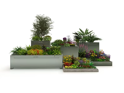Modern Flower Bed Planters With Various Sizes Colorful Flowers And Green Plants 3d model