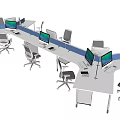 Modern Office Desk Setup With Multiple Computer Monitors Office Chairs And Dividers 3d model