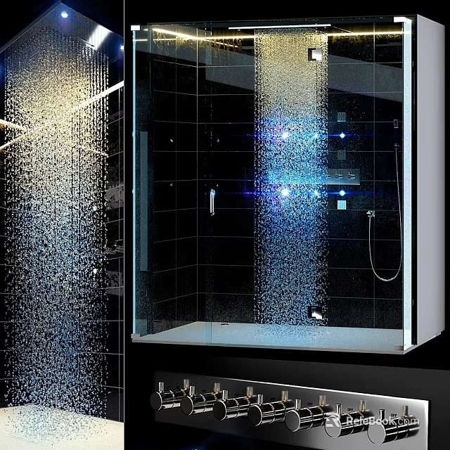 Modern Shower Room With Black Tiles Glass Door And Water Droplet Effects 3d model 