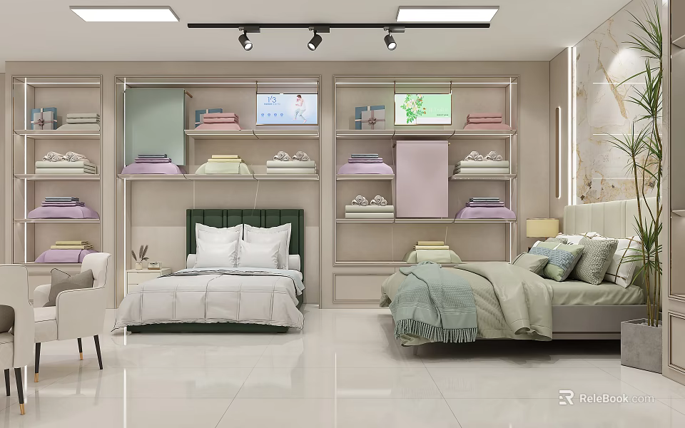Modern Home Textile Display Shelves For Showcasing Various Bedding Products In Bright Retail Showroom 3d model 