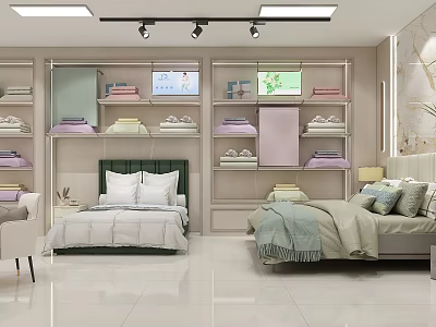 Modern Home Textile Display Shelves For Showcasing Various Bedding Products In Bright Retail Showroom 3d model