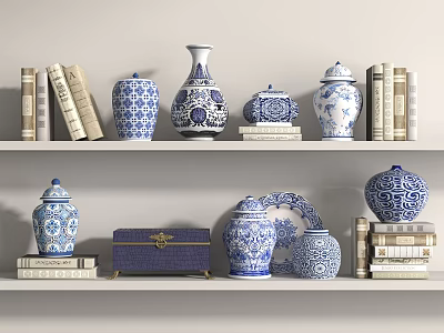 Blue and White Decorative Ornament Set With Vases Jars Box Plate and Books On Shelf 3d model