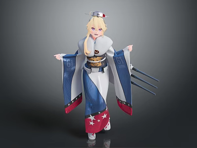 Game Movie Character in Blue White Kimono Star Patterns Blonde Hair Gold Belt Three Swords 3d model