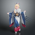 Game Movie Character in Blue White Kimono Star Patterns Blonde Hair Gold Belt Three Swords