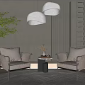 Casual Sofa Set With Two Gray Upholstered Chairs Side Table Green Plant And Pendant Lights
