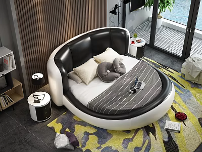 Round Double Bed Modern Bedroom With Black White Headboard Pillows Striped Blanket Colorful Rug 3d model