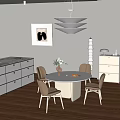 Modern Restaurant Interior With White Round Table Beige Chairs Flowers In Vase And Wall Painting