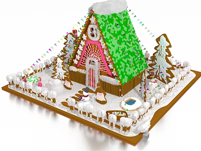 Cartoon Gingerbread House Scene With Green Roof Colorful Streamers And Decorative Trees 3d model