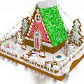 Cartoon Gingerbread House Scene With Green Roof Colorful Streamers And Decorative Trees