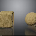Wooden Cube And Sphere With Natural Wood Grain On Black Glossy Surface