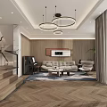 Modern Living And Dining Area Interior With Chandeliers Wooden Elements Marble Accents And Sofa