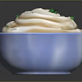 Creamy Sauce With Swirled Pattern And Green Herbs In Light Blue Bowl On Dark Background