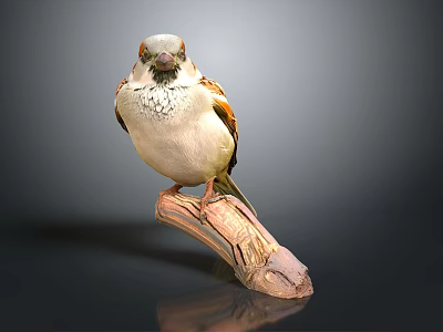 Realistic Sparrow Perched On Natural Wooden Branch Against Gray Background 3d model