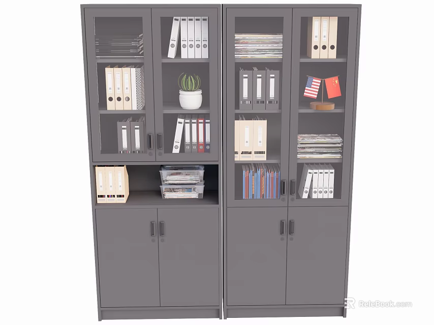 Grey Metal Filing Cabinets With Multiple Shelves Folders Books Potted Plant And American Flag Sticker 3d model 