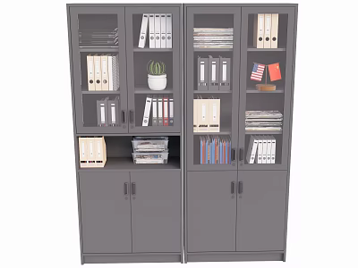 Grey Metal Filing Cabinets With Multiple Shelves Folders Books Potted Plant And American Flag Sticker 3d model
