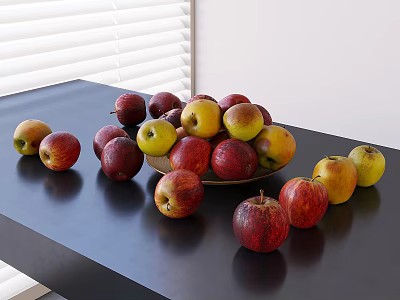 Pile of Colorful Fresh Apples On Black Table Near White Blinds 3d model