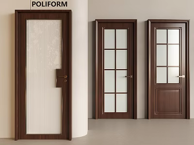 Dark Brown Wooden Swing Doors With Striped And Paneled Glass Designs 3d model