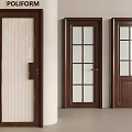 Dark Brown Wooden Swing Doors With Striped And Paneled Glass Designs