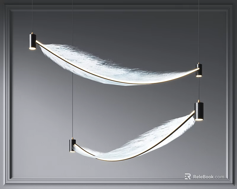 Modern Feather Shaped Chandeliers Hanging On Gray Wall With Elegant Lightweight Design 3d model 