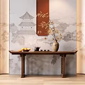Chinese Style Console Table with Bamboo Vase Fruits and Teaware on Ancient Building Backdrop