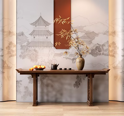 Chinese Style Console Table with Bamboo Vase Fruits and Teaware on Ancient Building Backdrop 3d model