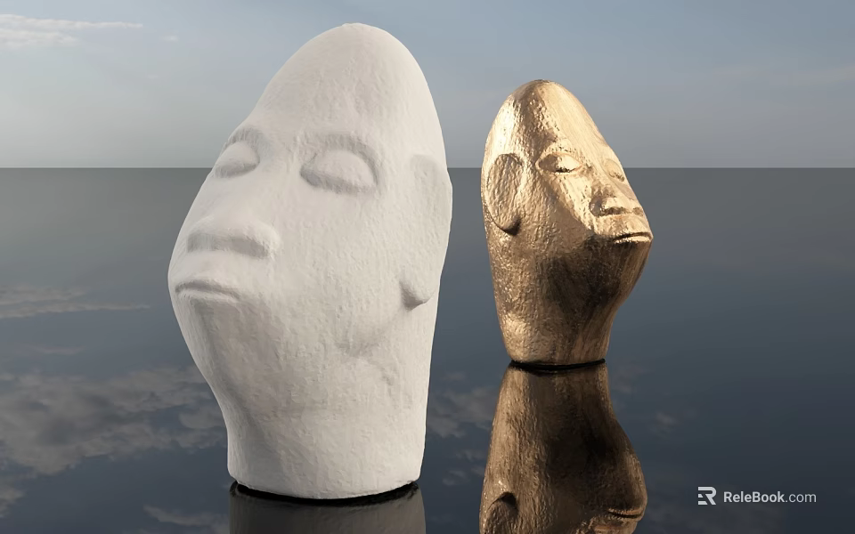 White And Golden Head Sculptures With Carved Facial Features And Water Reflections 3d model 