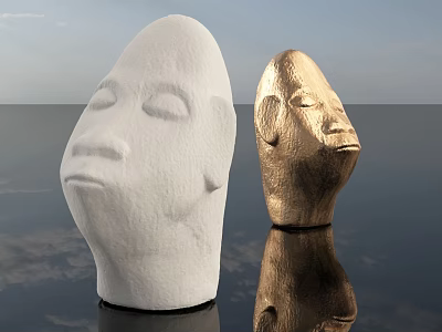 White And Golden Head Sculptures With Carved Facial Features And Water Reflections 3d model