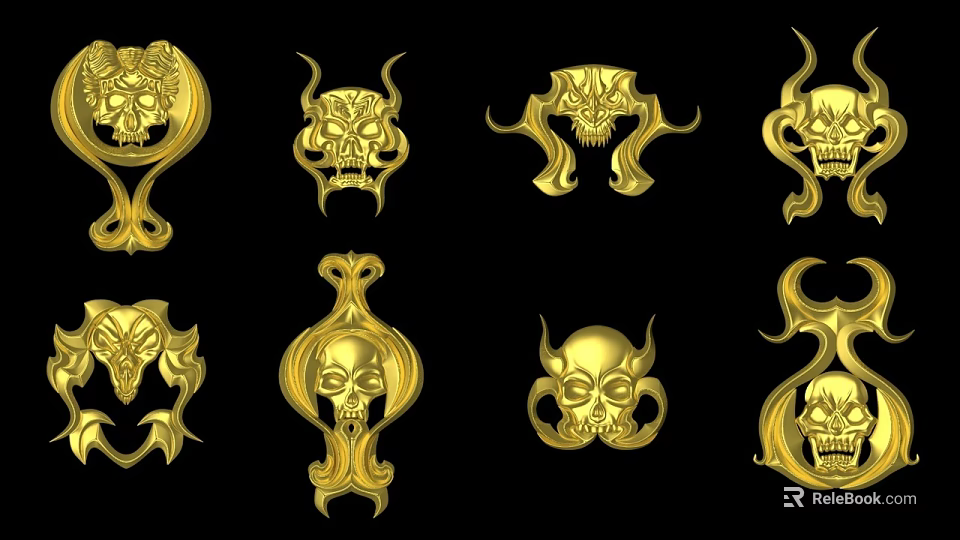 Golden Sculpture Carvings With Skull Demon Horns And Ornamental Curved Designs On Black Background 3d model 