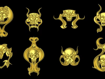 Golden Sculpture Carvings With Skull Demon Horns And Ornamental Curved Designs On Black Background 3d model