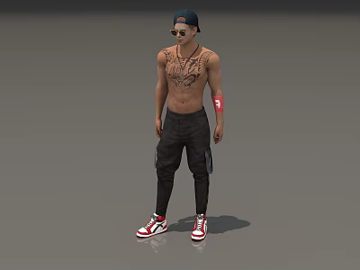 Man With Chest Tattoos Sunglasses Sleeveless Black Pants Red White Sneakers And Baseball Cap 3d model