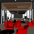 Hotel Public Lounge Area With Wooden Slatted Ceiling Red Armchairs And Open Layout