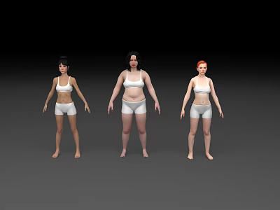 Three Women Wearing White Sports Bras And Shorts Standing Against Gray And Black Background 3d model