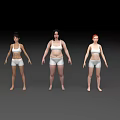 Three Women Wearing White Sports Bras And Shorts Standing Against Gray And Black Background